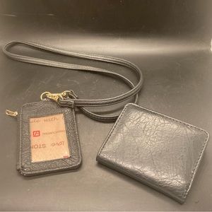 Wallet & laynard card holder set small folding black leather gold hardware